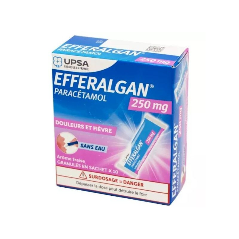 Efferalgan 250mg 10 Sachets, Strawberry flavour, Paracetamol 250mg, Pains & Fever, Children 14-50KG Upsa