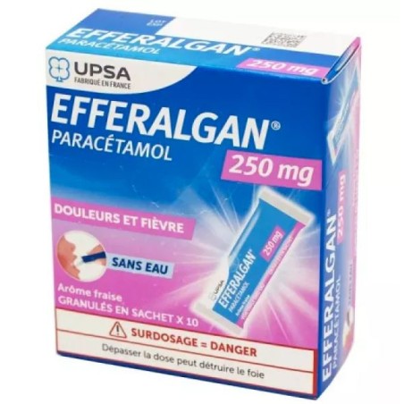 Efferalgan 250mg 10 Sachets, Strawberry flavour, Paracetamol 250mg, Pains & Fever, Children 14-50KG Upsa