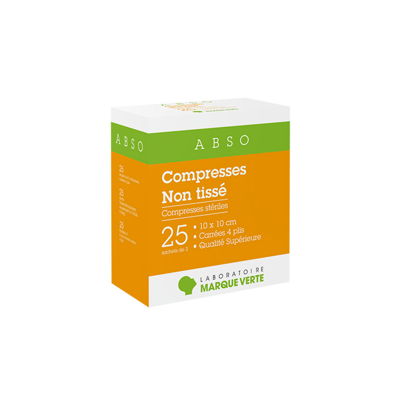 Compresses Non tissé - 10 x 10 cm - 25 sachets de 2 - Marque Verte