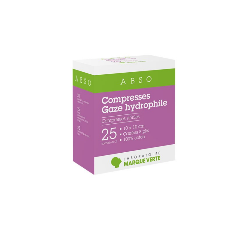 Hydrophilic Gauze Compresses - 10 x 10 cm - 25 sachets of 2 - Green Mark Marque Verte