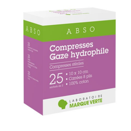 Hydrophilic Gauze Compresses - 10 x 10 cm - 25 sachets of 2 - Green Mark Marque Verte