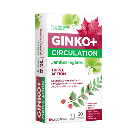 Ginko+ - Jambes Légères - Circulation Sanguine - 30 comprimés