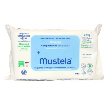 Lingettes de Coton Bio à l'Eau  - Tout Type de Peau - Mustela - 60 Lingettes
