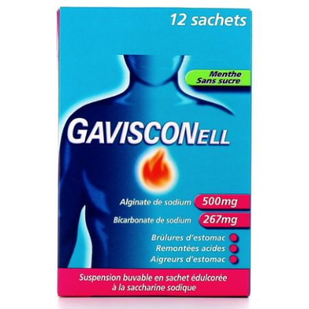 Gavisconell - Brûlures d'Estomac, Remontées Acides - Menthe Sans Sucre - 12 Sachets