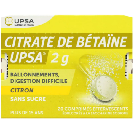 Betaine Citrate - Bloating, Difficult Digestion - Sugar Free Lemon - UPSA - 20 Effervescent Tablets