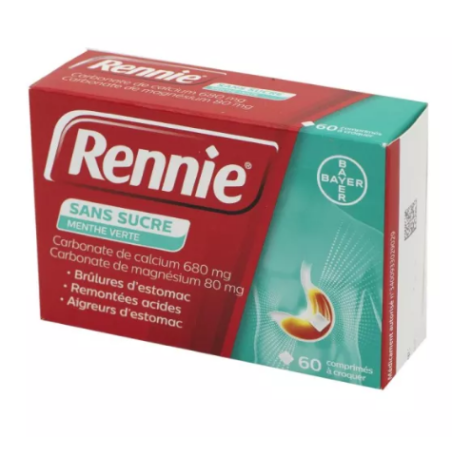 Rennie Comprimé A Croquer Menthe Verte Sans Sucre Brûlure d'estomac, Boite de 60 - Bayer