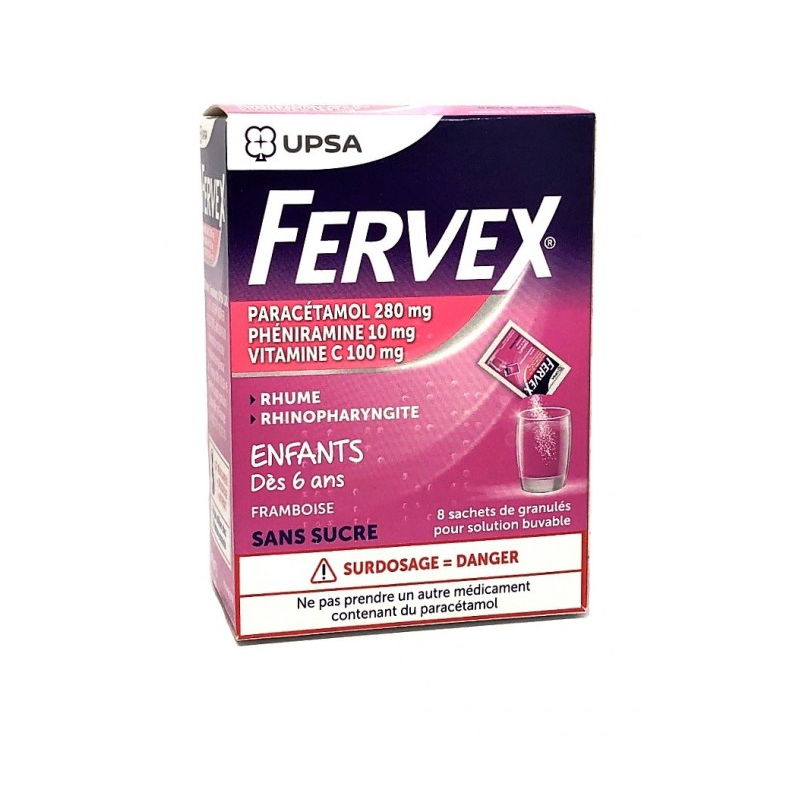 Fervex Enfant Rhume Rhinopharyngite, 8 Sachets de Granulés, Dès 6 Ans Goût Framboise