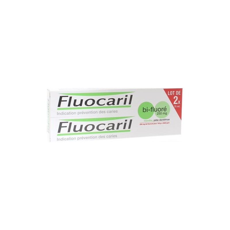 Fluocaril Bi-fluoride 250mg Mint flavour Toothpaste, pack of 2 x 75 ml Fluocaril