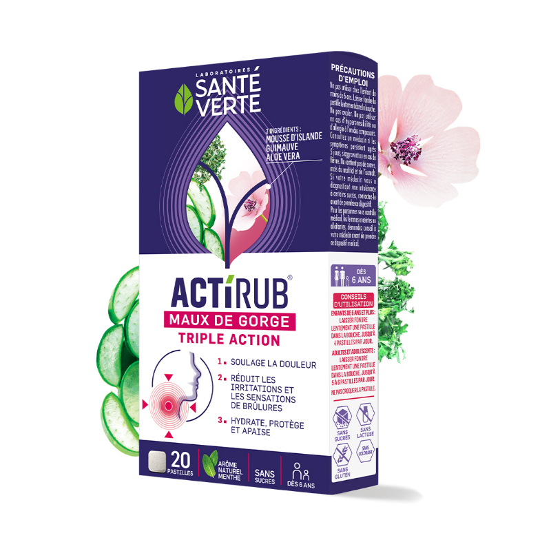 Actirub Maux De Gorge Triple Action - Santé Verte - 20 Pastilles