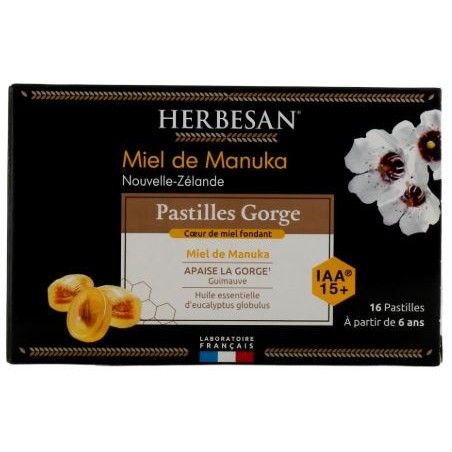 Pastilles Gorge - Apaise la Gorge - Miel de Manuka - Herbesan - 16 Pastilles