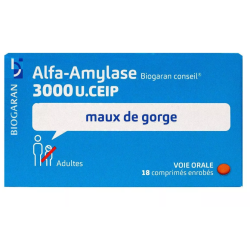 AlfaAmylase 3000 U, 18 Comprimés Enrobés, Maux de gorge pour Adulte, Biogaran Conseil