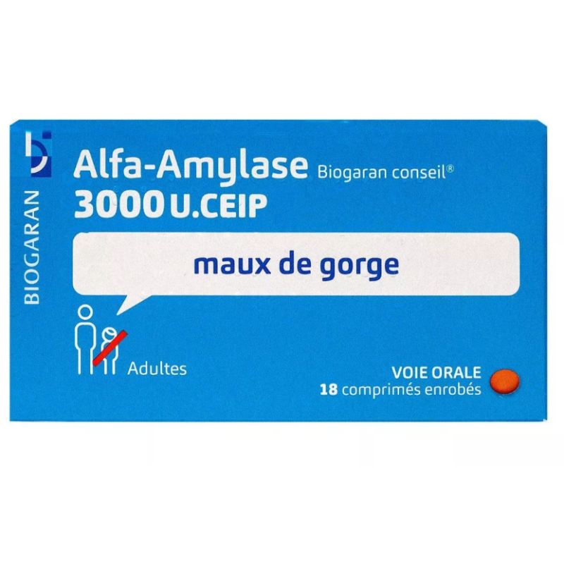 AlfaAmylase 3000 U, 18 Comprimés Enrobés, Maux de gorge pour Adulte, Biogaran Conseil