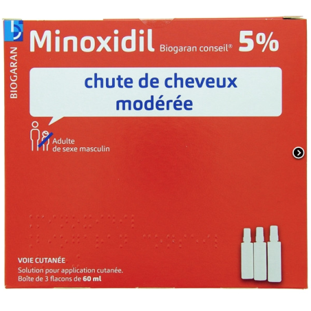 Minoxidil 5% - Chute de Cheveux Modérée - Biogaran - 3 Flacons 60 ml