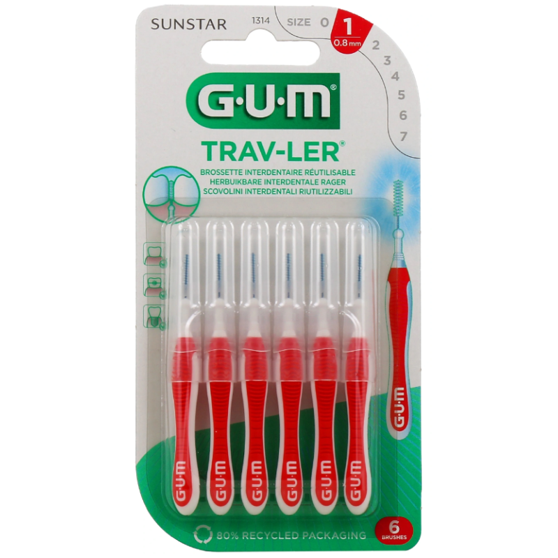 Trav-Ler Brush Heads - Fine Cylindrical - 0.8mm - Size 1 - G.U.M - 6 Brush Heads