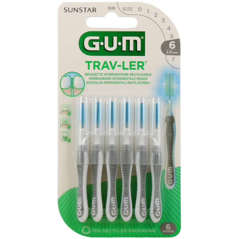 Trav-Ler Brush Heads - Fine Cylindrical - 2.0mm - Size 6 - G.U.M - 6 Brush Heads