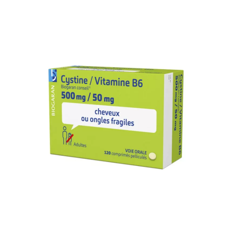 Cystine Vitamine B6 500mg/50mg Cheveux et Ongles Fragiles Comprimés, Boite de 120, Biogaran conseil