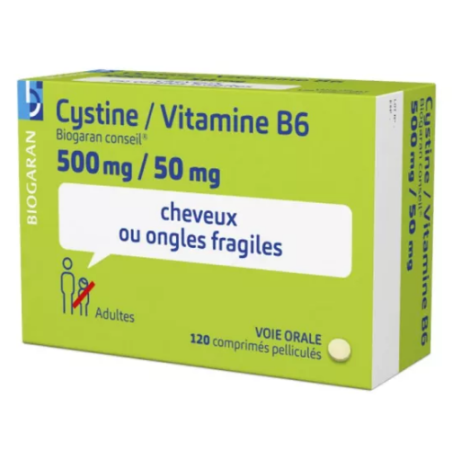 Cystine Vitamine B6 500mg/50mg Cheveux et Ongles Fragiles Comprimés, Boite de 120, Biogaran conseil