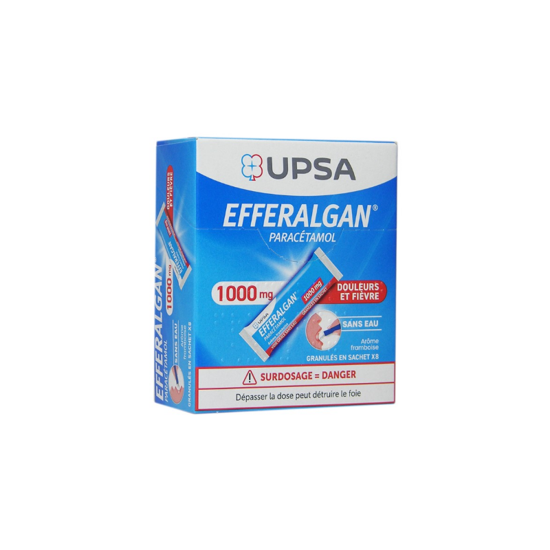 Efferalgan  1g -  Gout Fruits Rouges - Paracetamol 1g - Douleurs et Fièvre Adulte - 8 Sachets Granulés