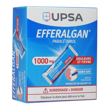 Efferalgan  1g -  Gout Fruits Rouges - Paracetamol 1g - Douleurs et Fièvre Adulte - 8 Sachets Granulés