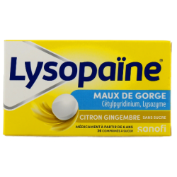 Lysopaïne Sans Sucre Citron Gingembre - Maux De Gorges et Aphtes - Sanofi - 36 Comprimés