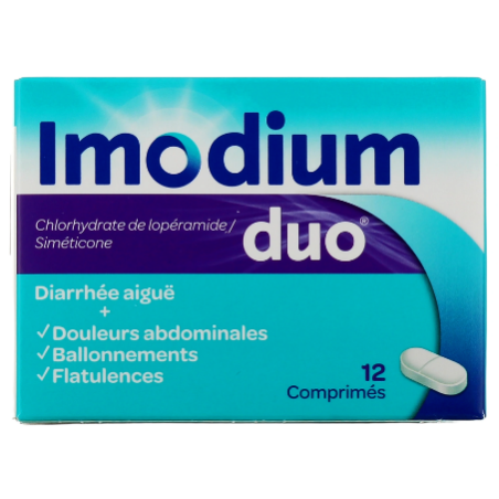 ImodiumDuo - Loperamide 2 mg et Dimeticone 125 mg - Diarrhée Aigue & Douleurs Abdominales - 12 Comprimés