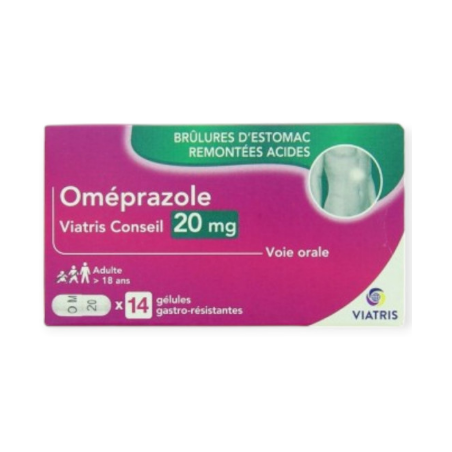 Oméprazole 20mg - Brûlures d'estomac - Remontées acides - Viatris - 14 gélules