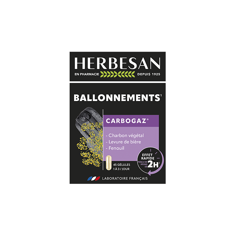 Carbogaz - Charbon Végétal + Levure de Bière + Propolis - Herbesan - 45 Gélules