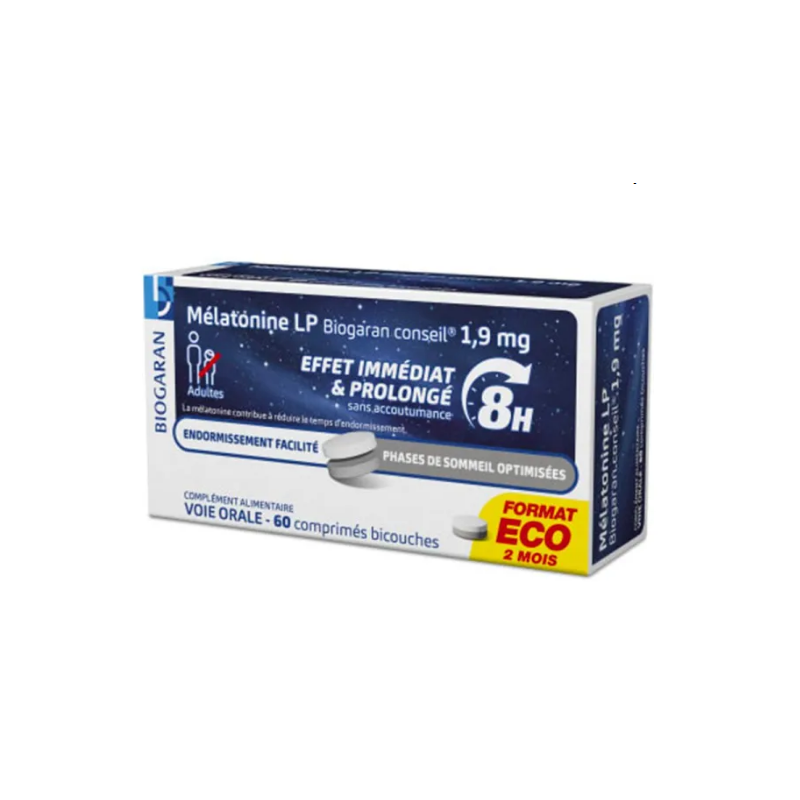 Melatonin LP 1.9 mg - Immediate and prolonged effect - Biogaran Conseil - 60 tablets