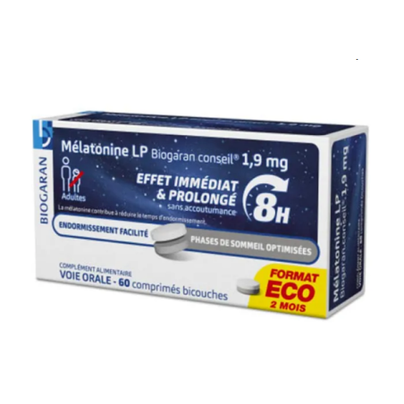 Mélatonine LP 1,9 mg - Effet Immédiat & Prolongé - Biogaran Conseil - 60 comprimés