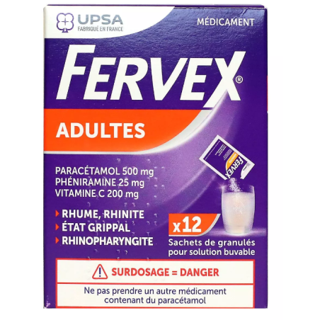 Fervex Adulte Boite de 12 Sachets, Paracetamol Vitamine C et Pheniramine