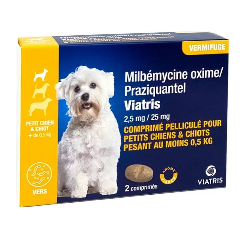 Worming Treatment for Small Dogs & Puppies - Milbemycin Oxime/Praziquantel - 2.5mg/25mg - Viatris - 2 Tablets