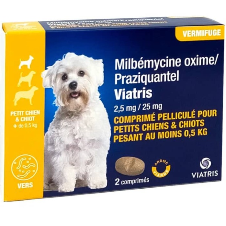 Worming Treatment for Small Dogs & Puppies - Milbemycin Oxime/Praziquantel - 2.5mg/25mg - Viatris - 2 Tablets