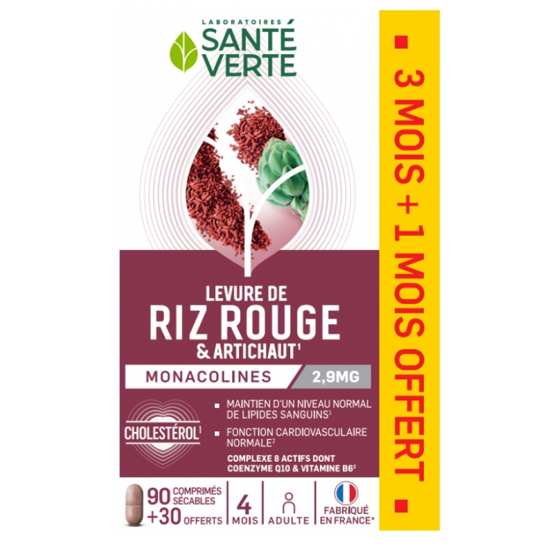 Red Yeast Rice - Artichoke - Sante Verte - Box of 120 tablets - 3 months’ supply + 1 month free