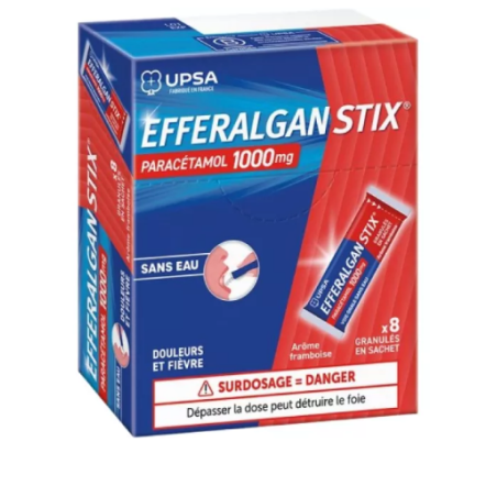 Efferalgan 1g - Red Fruit Taste - Paracetamol 1g, Pain and Adult Fever - 8 Granulated Sachets