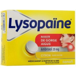 Lysopaïne - Ambroxol 20 mg - Citron - Maux de Gorge Aigus - Sanofi - 18 Pastilles