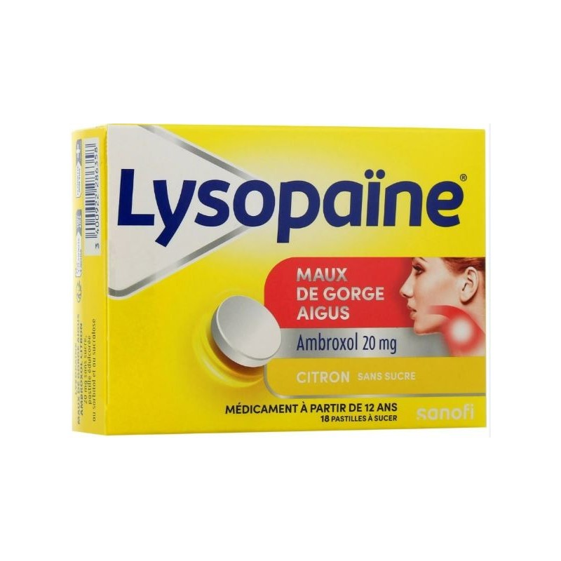 Lysopain - Ambroxol 20 mg - Lemon - Acute Sore Throat - Sanofi - 18 Lozenges