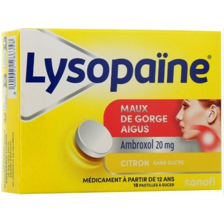 Lysopaïne - Ambroxol 20 mg - Citron - Maux de Gorge Aigus - Sanofi - 18 Pastilles