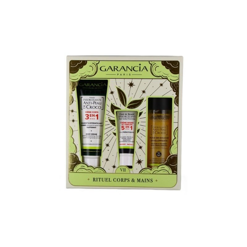 Coffret Rituel Corps et Mains - formule anti-peau de croco + gant de beauté ensorcelant + huile de douche- Garancia