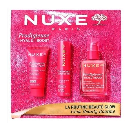 Coffret Routine Beauté Glow -Concentré Illuminateur - Gel Crème  - Stick Yeux  Prodigieuse Hyalu Boost - Nuxe